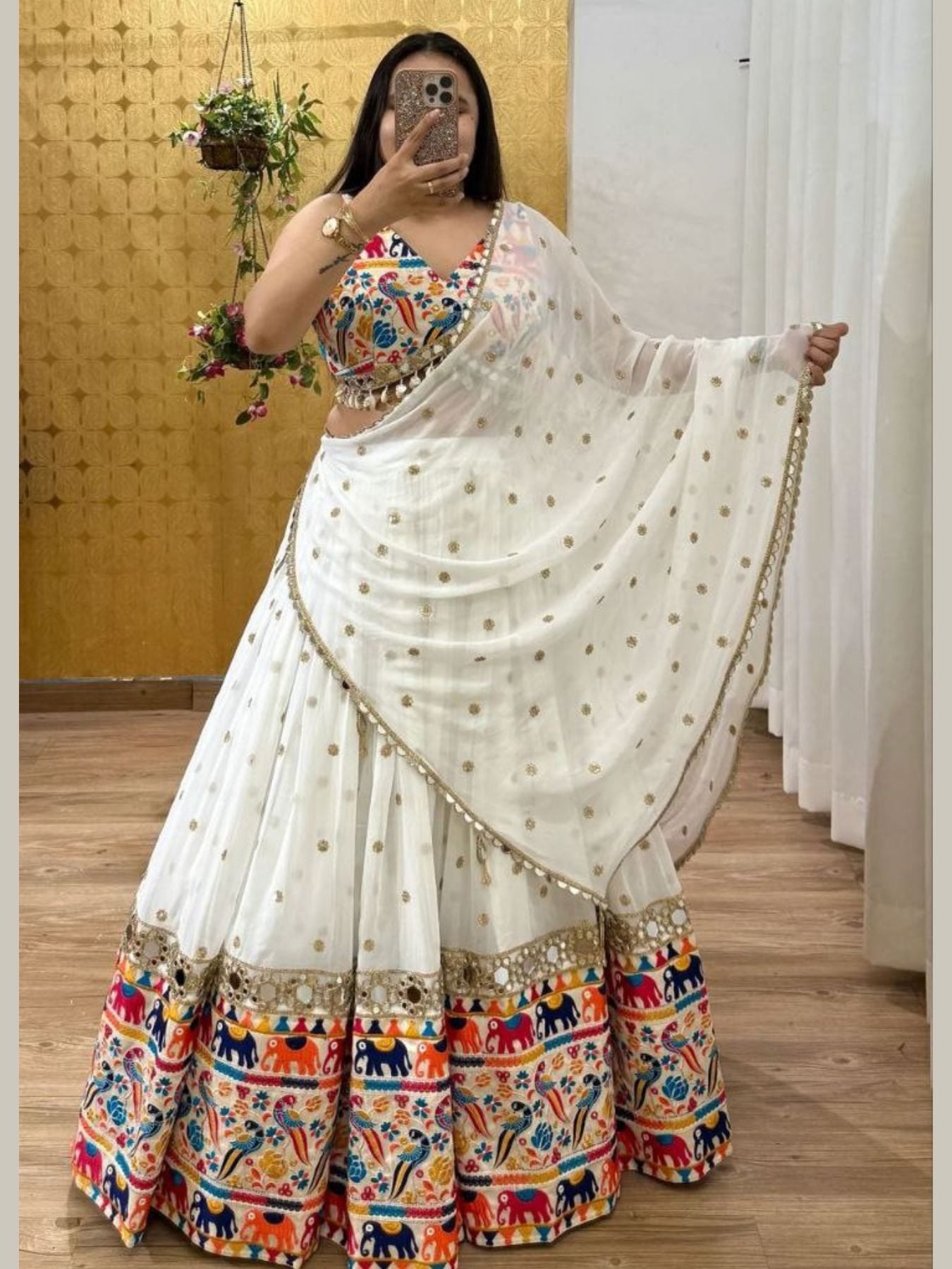 White Georgette Lehenga Choli Gamathi Work for Navratri (stitched blouse with margin)