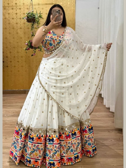 White Georgette Lehenga Choli Gamathi Work for Navratri (stitched blouse with margin)