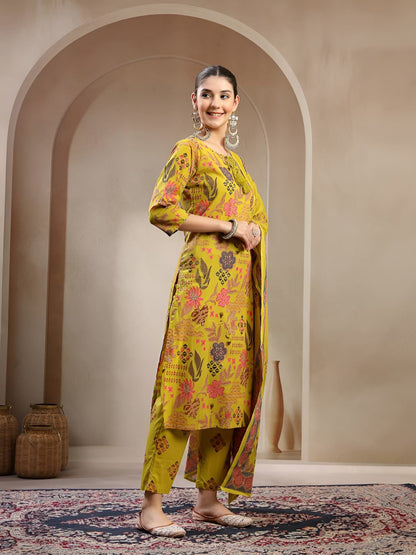 Women Floral Printed Cotton Kurta with Trousers & Dupatta