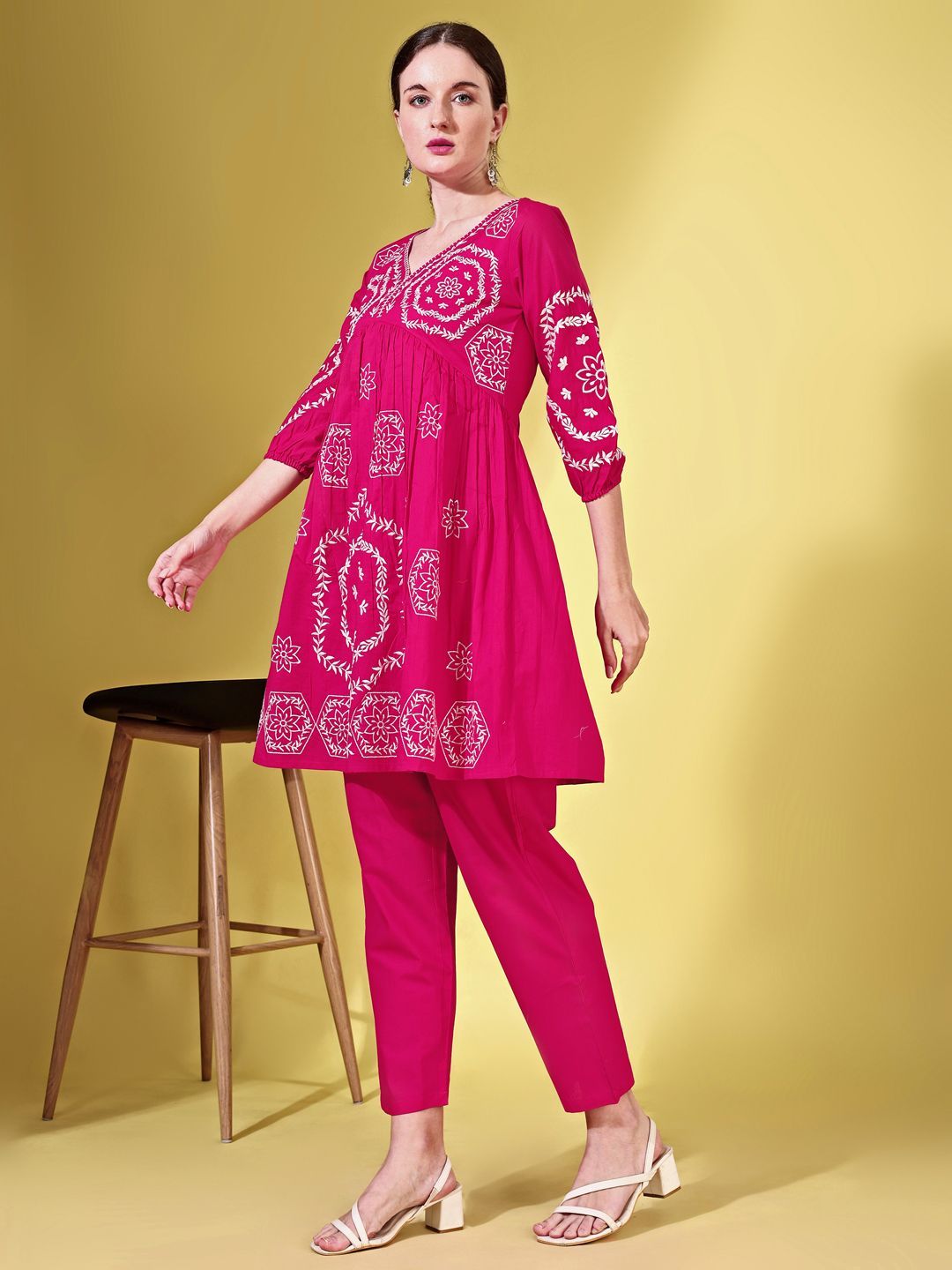 Embroidered V-Neck Three-Quarter Sleeves Pure Cotton Tunic With Trouser