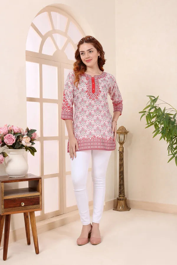 Cream Cotton Short Kurti Tunic Top with Ethnic Motifs for Women