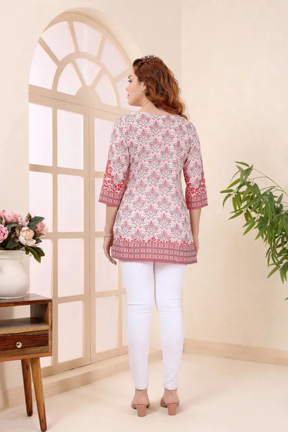 Cream Cotton Short Kurti Tunic Top with Ethnic Motifs for Women