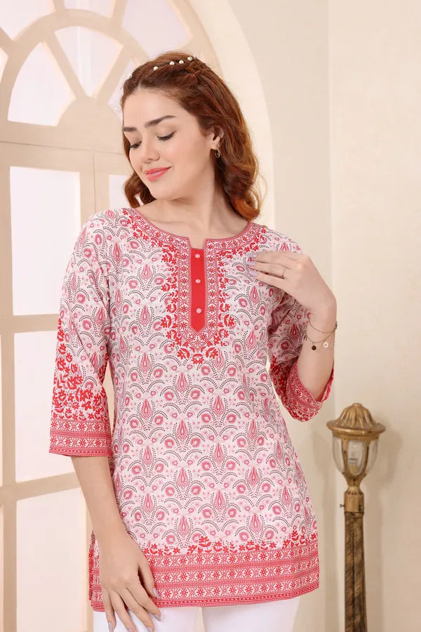 Cream Cotton Short Kurti Tunic Top with Ethnic Motifs for Women