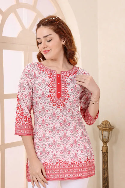Cream Cotton Short Kurti Tunic Top with Ethnic Motifs for Women