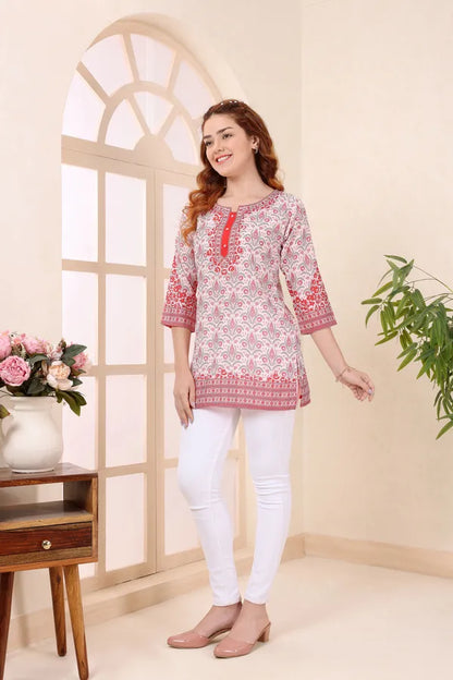 Cream Cotton Short Kurti Tunic Top with Ethnic Motifs for Women