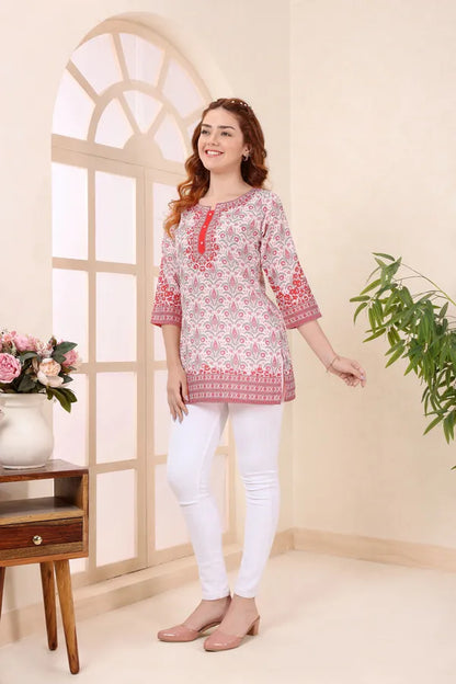 Cream Cotton Short Kurti Tunic Top with Ethnic Motifs for Women