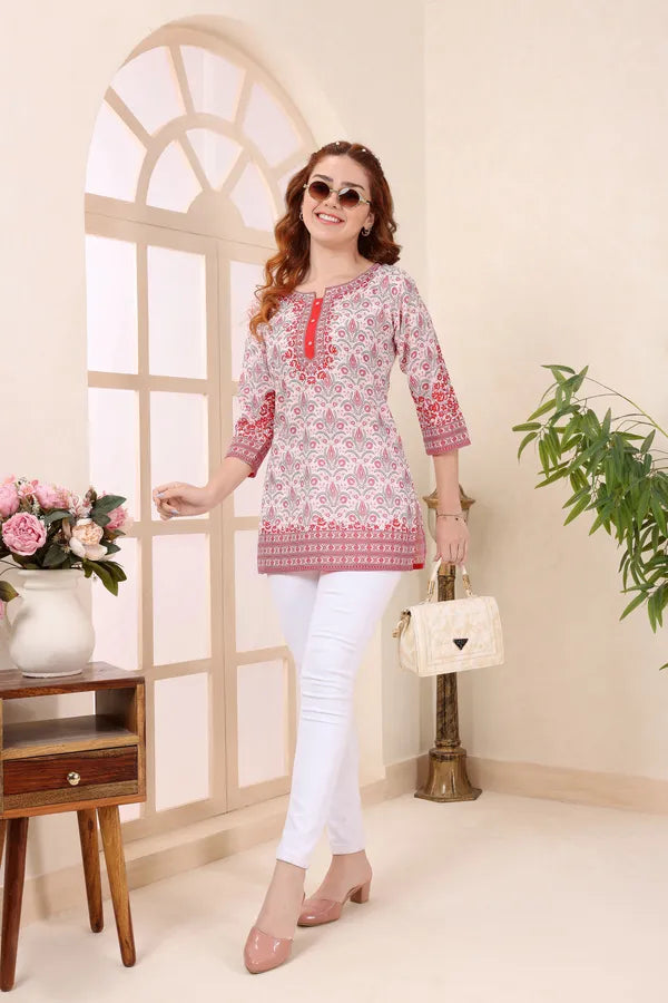 Cream Cotton Short Kurti Tunic Top with Ethnic Motifs for Women