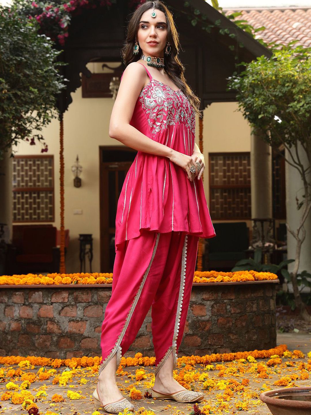 Floral Yoke Design Empire Shoulder Straps Embroidered A-Line Fusion Kurti With Dhoti Pants