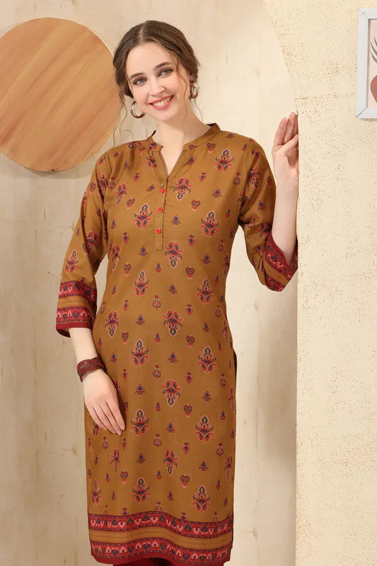 Mustard Cotton Print Ban Collar Long Kurta For Women