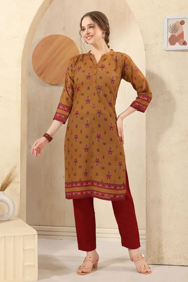 Mustard Cotton Print Ban Collar Long Kurta For Women