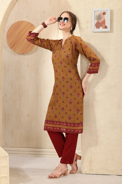 Mustard Cotton Print Ban Collar Long Kurta For Women