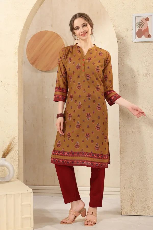 Mustard Cotton Print Ban Collar Long Kurta For Women