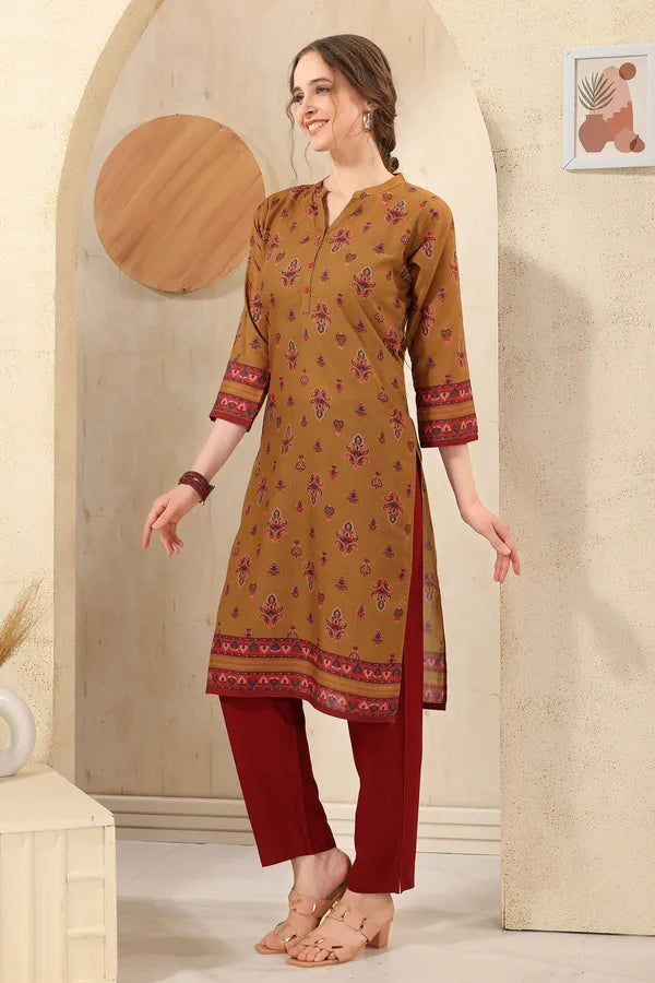 Mustard Cotton Print Ban Collar Long Kurta For Women