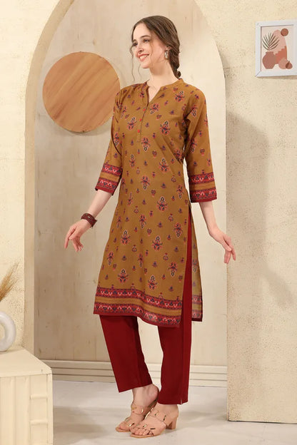 Mustard Cotton Print Ban Collar Long Kurta For Women