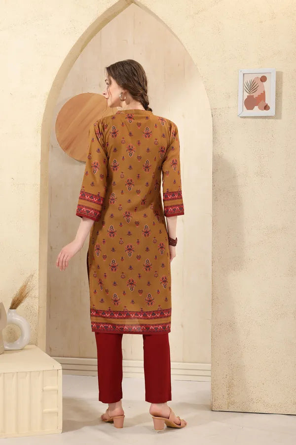 Mustard Cotton Print Ban Collar Long Kurta For Women