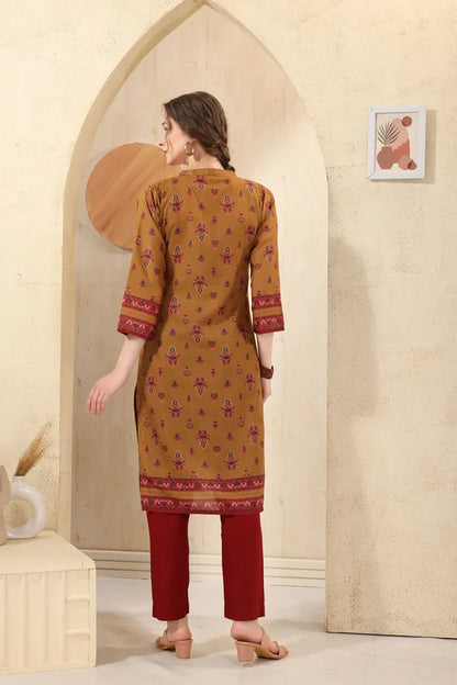 Mustard Cotton Print Ban Collar Long Kurta For Women