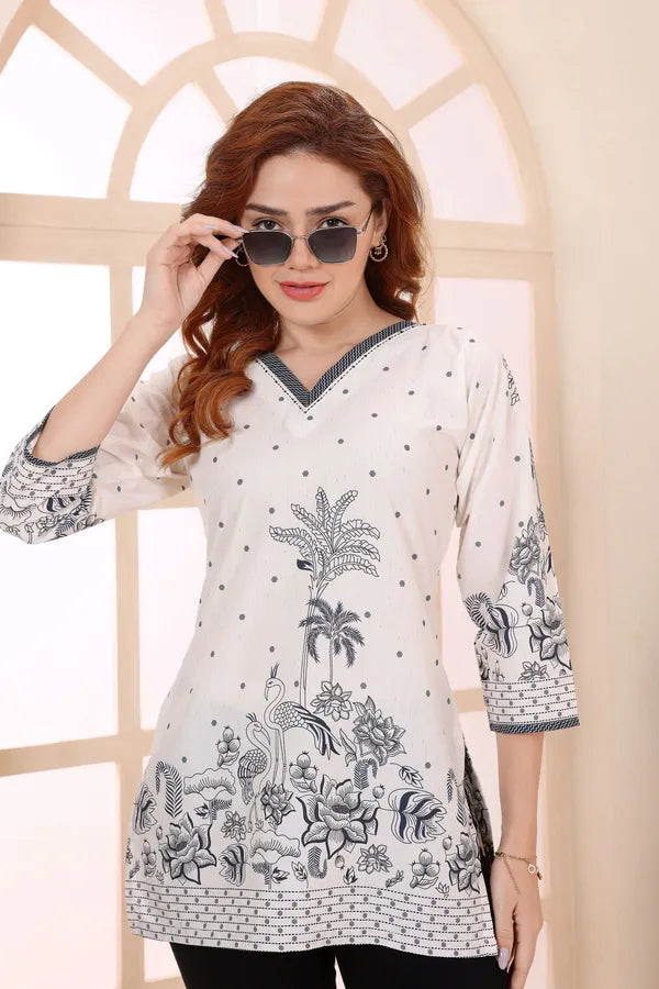 Black Cotton Short Kurti Tunic Top with Floral Print for Women