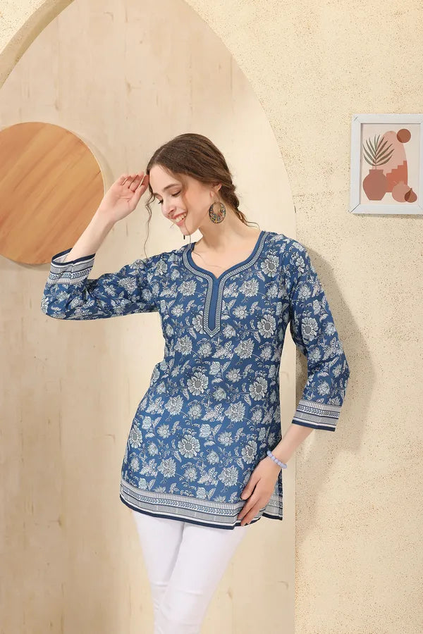 Blue Elegant Floral Print Cotton Short Kurti with Round Neck