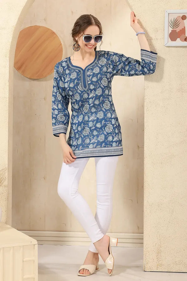 Blue Elegant Floral Print Cotton Short Kurti with Round Neck