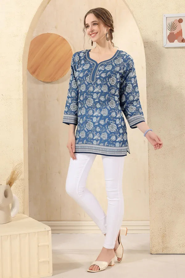 Blue Elegant Floral Print Cotton Short Kurti with Round Neck