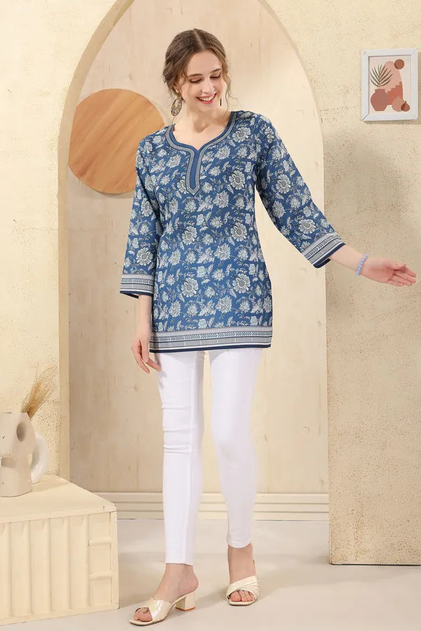 Blue Elegant Floral Print Cotton Short Kurti with Round Neck