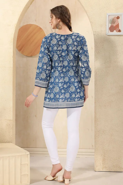 Blue Elegant Floral Print Cotton Short Kurti with Round Neck