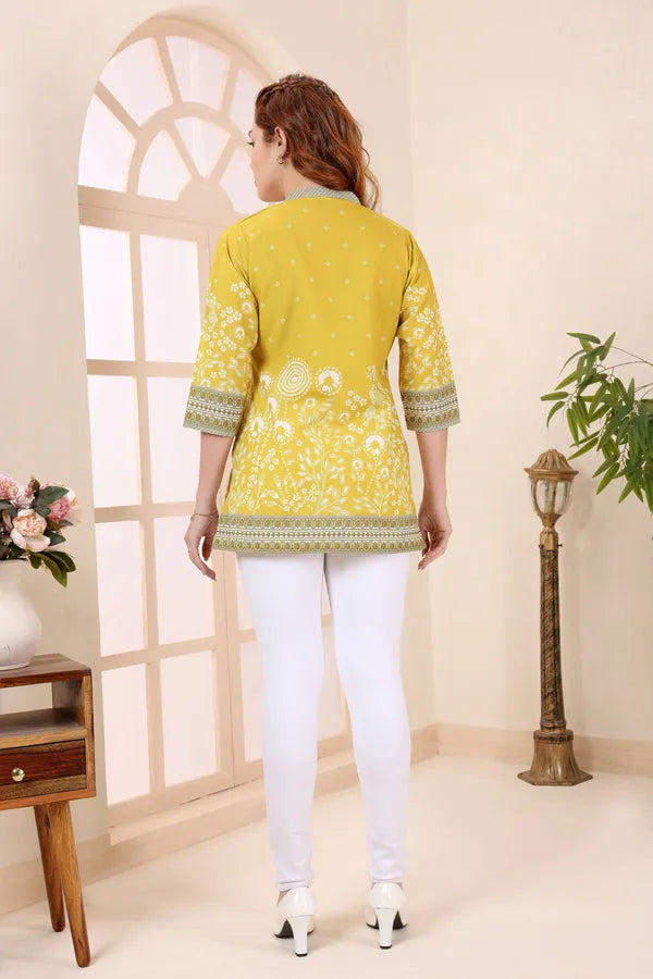 Yellow Cotton Short Kurti Tunic Top with Floral Print for Women