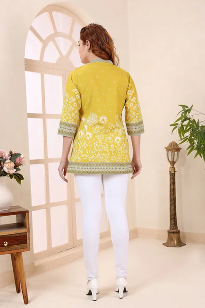 Yellow Cotton Short Kurti Tunic Top with Floral Print for Women