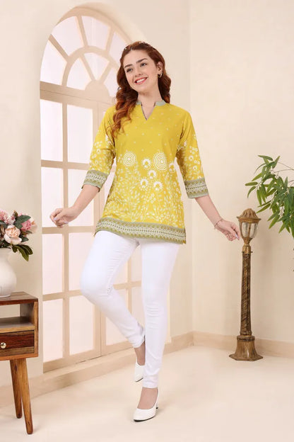 Yellow Cotton Short Kurti Tunic Top with Floral Print for Women