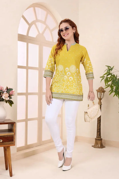 Yellow Cotton Short Kurti Tunic Top with Floral Print for Women
