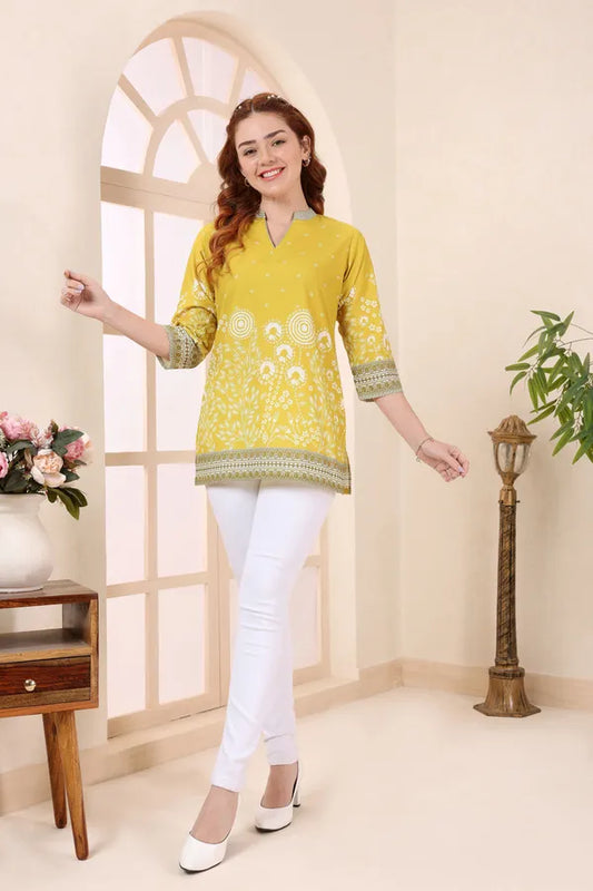 Yellow Cotton Short Kurti Tunic Top with Floral Print for Women
