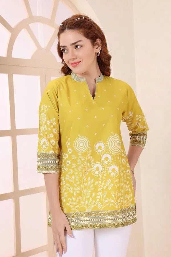 Yellow Cotton Short Kurti Tunic Top with Floral Print for Women