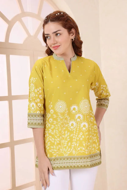 Yellow Cotton Short Kurti Tunic Top with Floral Print for Women