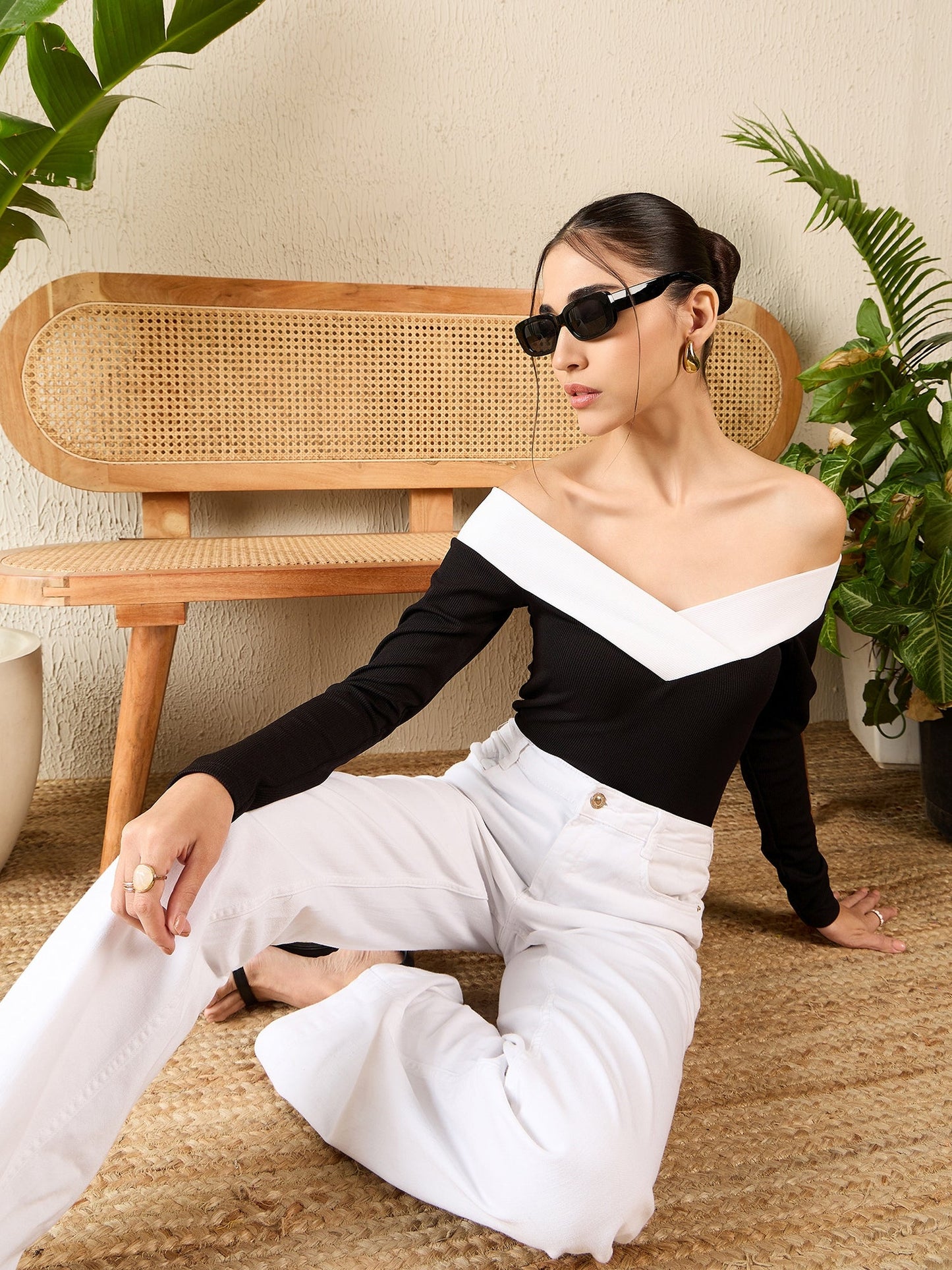Colorblock Stretchable Off Shoulder Top