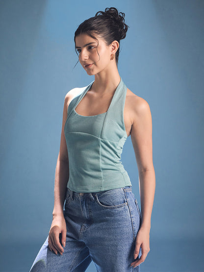 Stretchable Halter Neck Ribbed Top