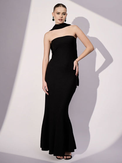 Stretchable Off Shoulder Maxi Dress With Scarf Extension