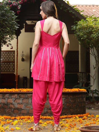 Floral Yoke Design Empire Shoulder Straps Embroidered A-Line Fusion Kurti With Dhoti Pants