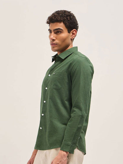 Men Slim Fit Solid Spread Collar Casual Cotton Linen Shirt