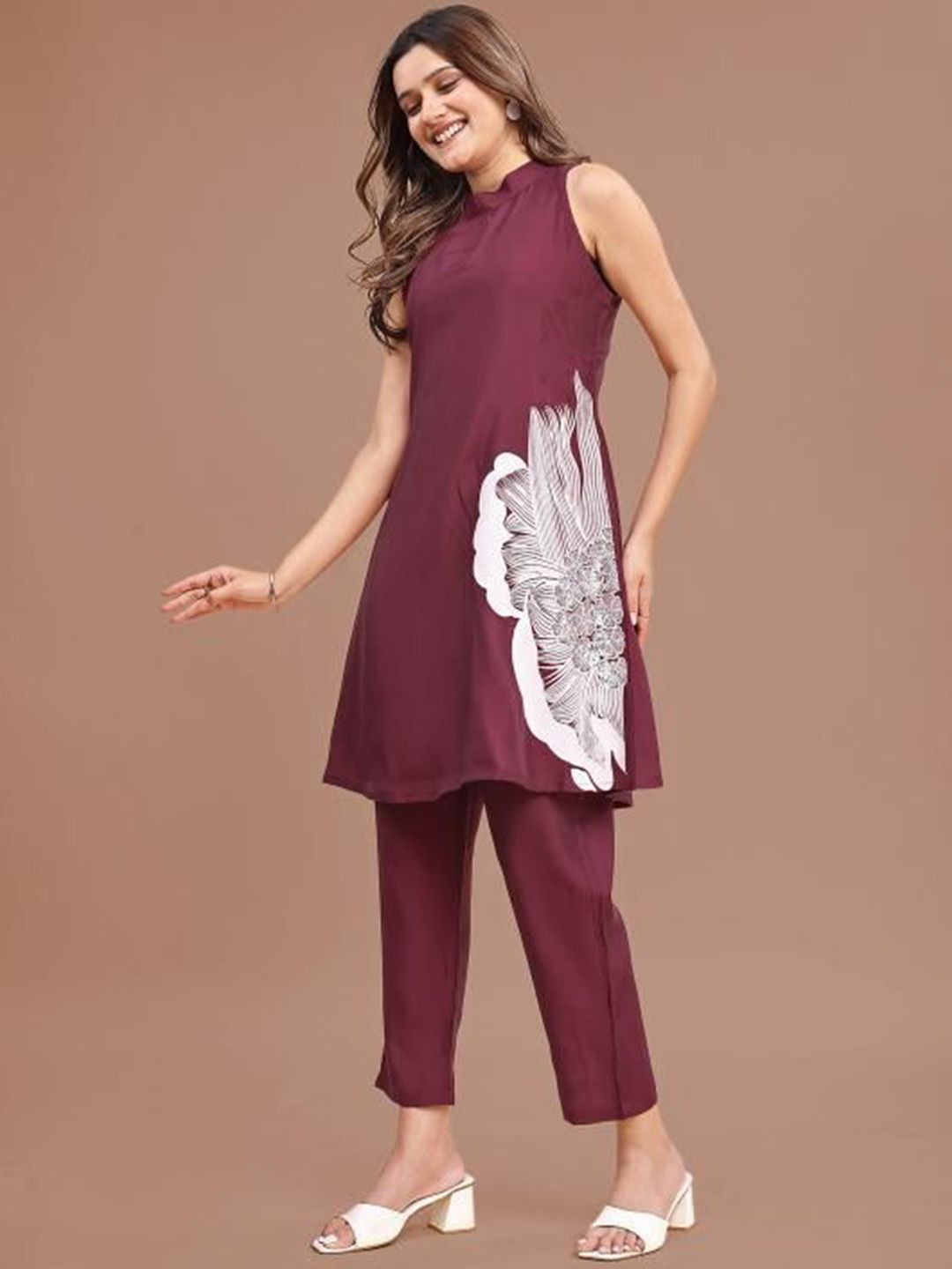 Floral Printed Halter Neck Tunic With Trousers Co-Ords Set