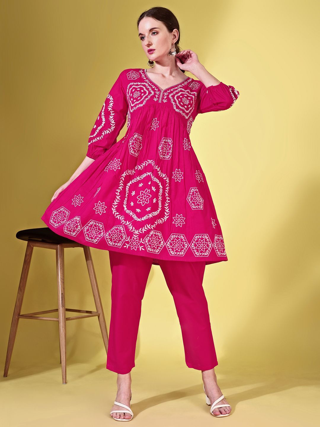 Embroidered V-Neck Three-Quarter Sleeves Pure Cotton Tunic With Trouser