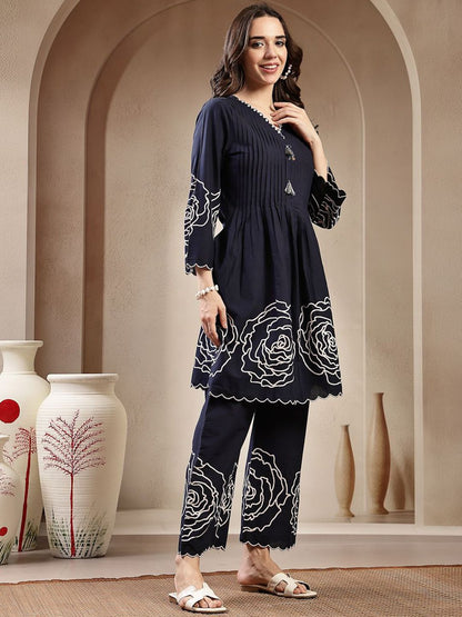 Embroidered Pure Cotton V Neck Tunic With Trousers