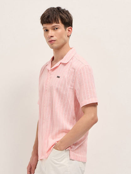 Relaxed Fit Vertical Striped Short Sleeves Linen Shirt