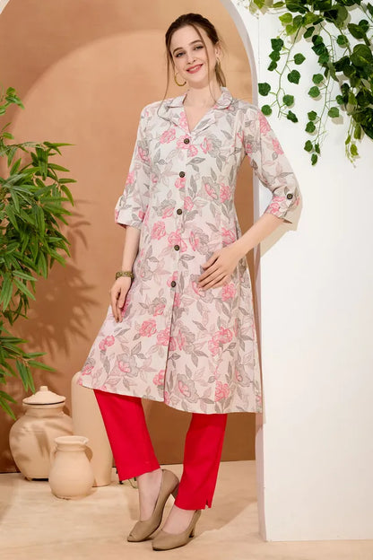Pink Rose Flower Print Linen Cotton Princess Cut Long Kurta For Women