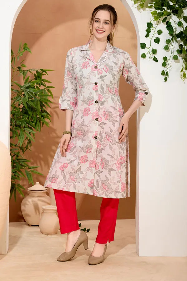 Pink Rose Flower Print Linen Cotton Princess Cut Long Kurta For Women