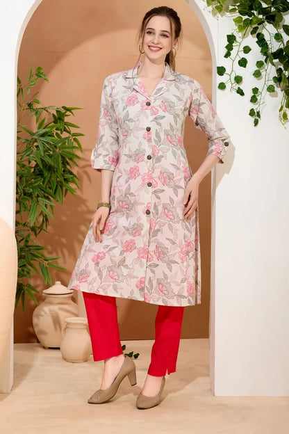 Pink Rose Flower Print Linen Cotton Princess Cut Long Kurta For Women