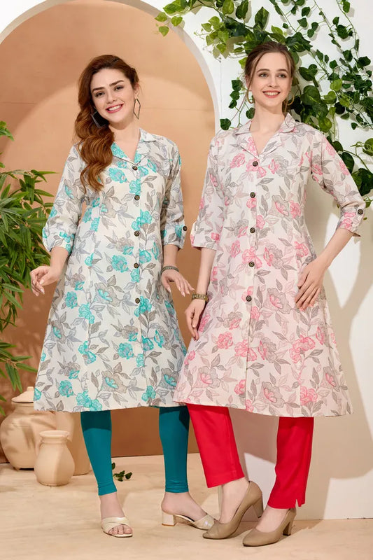 Pink Rose Flower Print Linen Cotton Princess Cut Long Kurta For Women