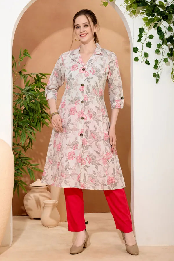 Pink Rose Flower Print Linen Cotton Princess Cut Long Kurta For Women