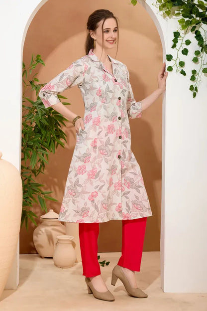 Pink Rose Flower Print Linen Cotton Princess Cut Long Kurta For Women