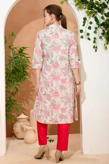 Pink Rose Flower Print Linen Cotton Princess Cut Long Kurta For Women