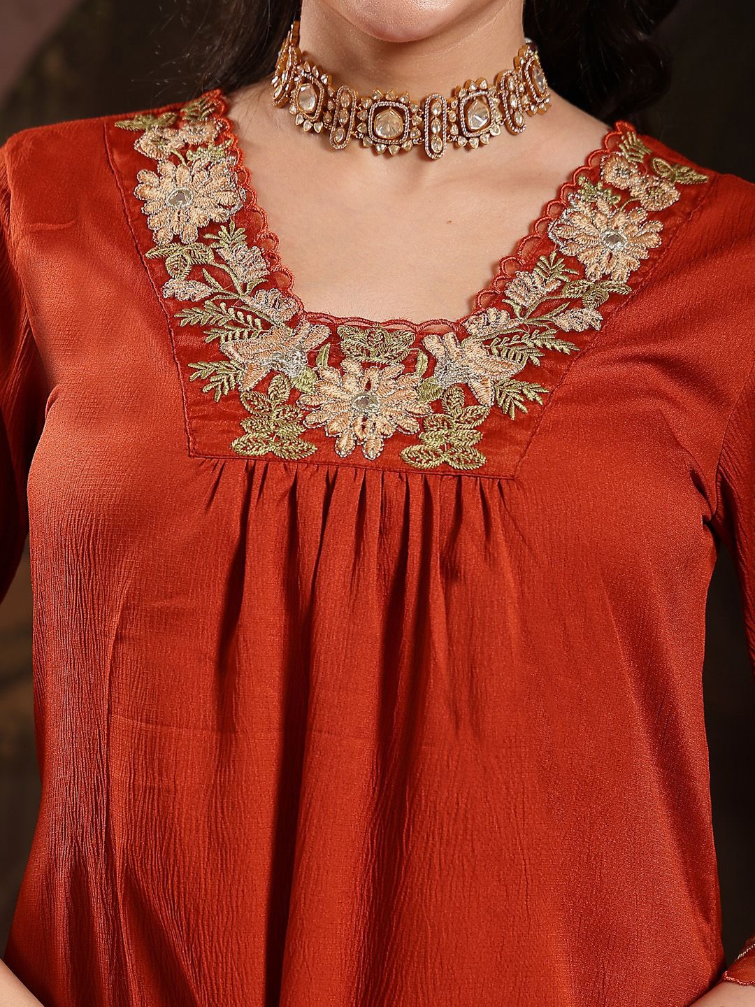 Women Solid Embroidered Anarkali Kurta with Trousers & Dupatta